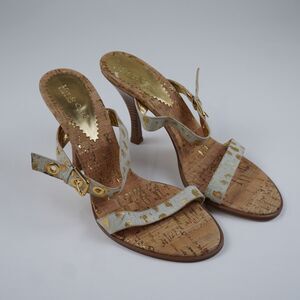 Max de Carlos High Heel Slide Sandals 9.5 Cream Leather Metallic Gold Leopard